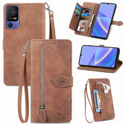 For TCL 40 SE Embossed Flower Zipper Leather Phone Case(Brown)