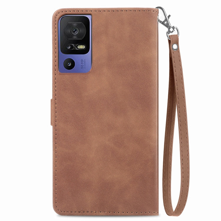 For TCL 40 SE Embossed Flower Zipper Leather Phone Case(Brown)