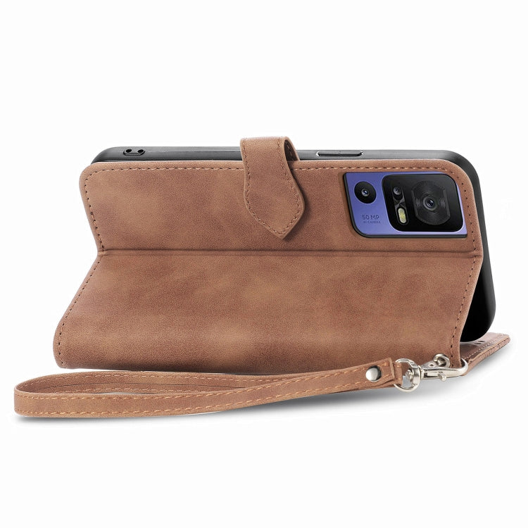 For TCL 40 SE Embossed Flower Zipper Leather Phone Case(Brown)