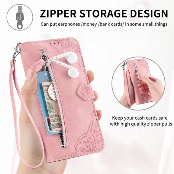 For TCL 40 SE Embossed Flower Zipper Leather Phone Case(Brown)