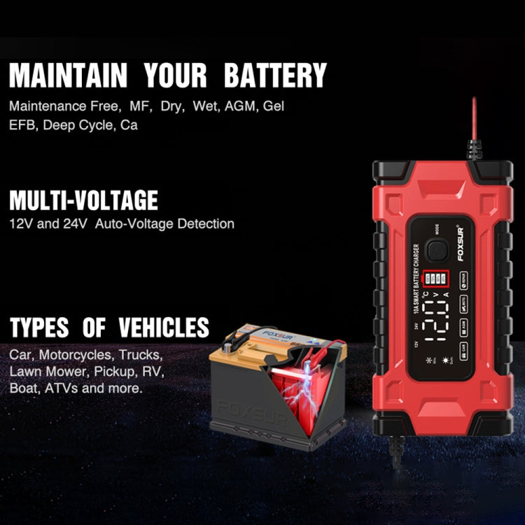 FOXSUR 12V / 24V / 10A Car / Motorcycle Battery Smart Repair Lead-acid Battery Charger, Plug Type:EU Plug