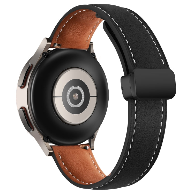 20mm Folding Buckle Plain Weave Genuine Leather Watch Band(Black+Black)