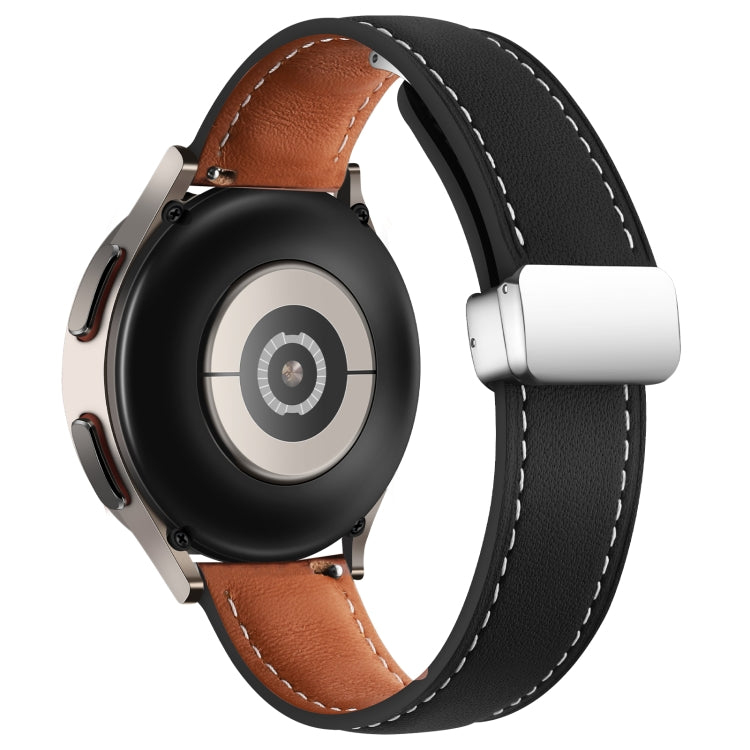 20mm Folding Buckle Plain Weave Genuine Leather Watch Band(Black+Silver)