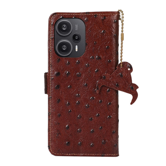 For Xiaomi Redmi Note 12 Turbo Ostrich Pattern Genuine Leather RFID Phone Case(Coffee)