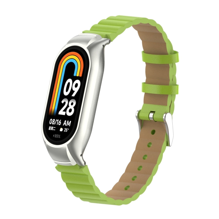 For Xiaomi Mi Band 8 Integrated Metal Case + Bamboo Leather Watch Band(Grass Green)
