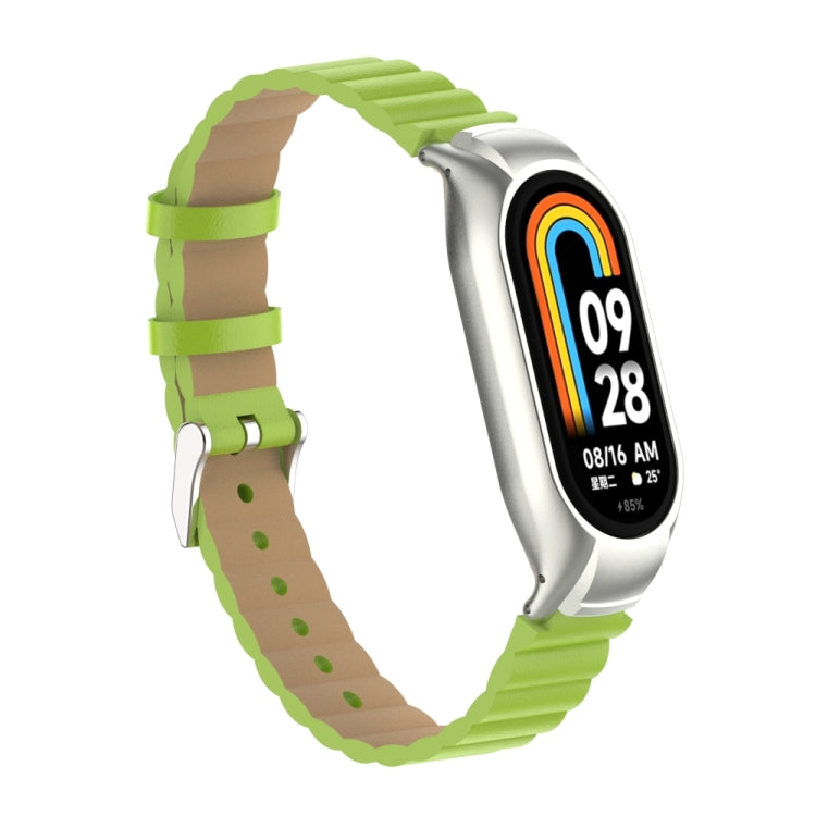 For Xiaomi Mi Band 8 Integrated Metal Case + Bamboo Leather Watch Band(Grass Green)