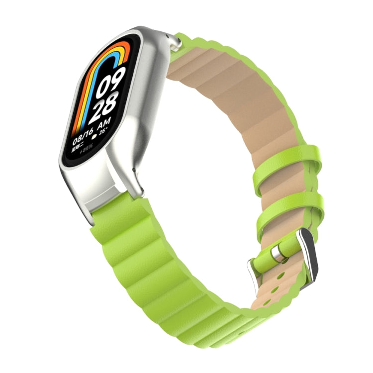 For Xiaomi Mi Band 8 Integrated Metal Case + Bamboo Leather Watch Band(Grass Green)