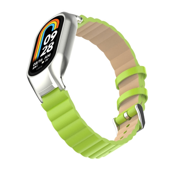 For Xiaomi Mi Band 8 Integrated Metal Case + Bamboo Leather Watch Band(Grass Green)
