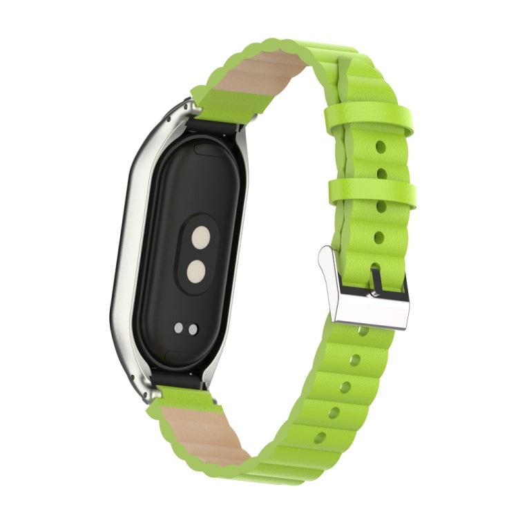 For Xiaomi Mi Band 8 Integrated Metal Case + Bamboo Leather Watch Band(Grass Green)