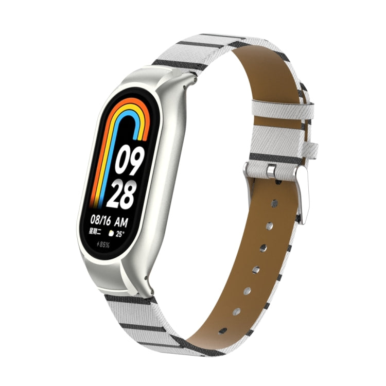 For Xiaomi Mi Band 8 Integrated Metal Case + Secondary Color Leather Watch Band(White)
