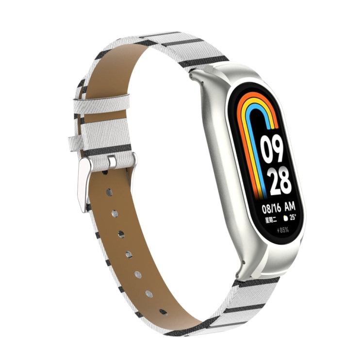 For Xiaomi Mi Band 8 Integrated Metal Case + Secondary Color Leather Watch Band(White)