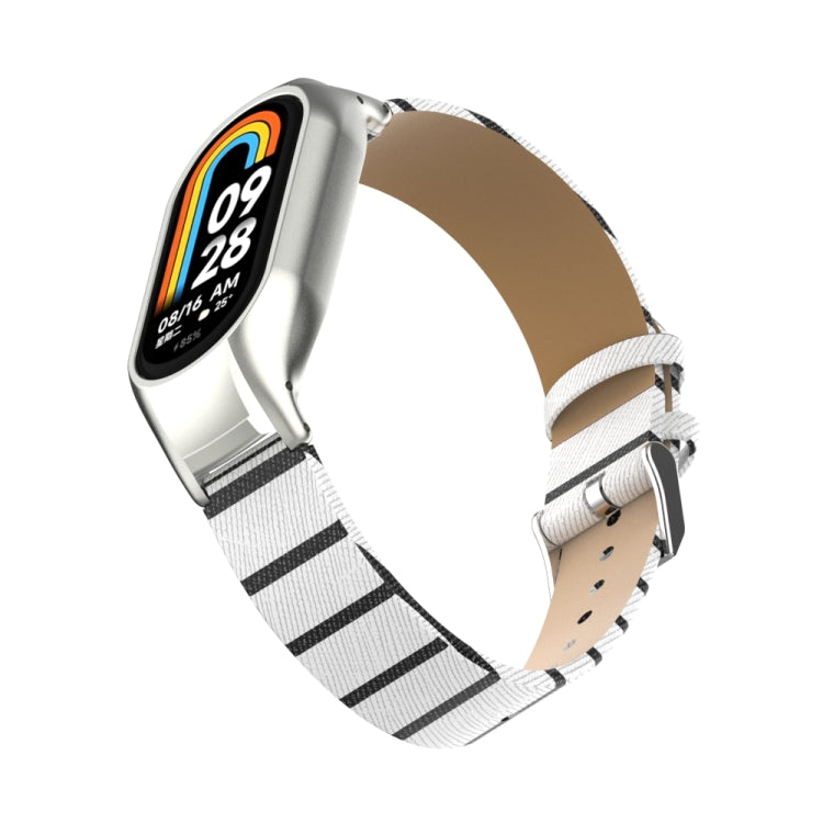 For Xiaomi Mi Band 8 Integrated Metal Case + Secondary Color Leather Watch Band(White)