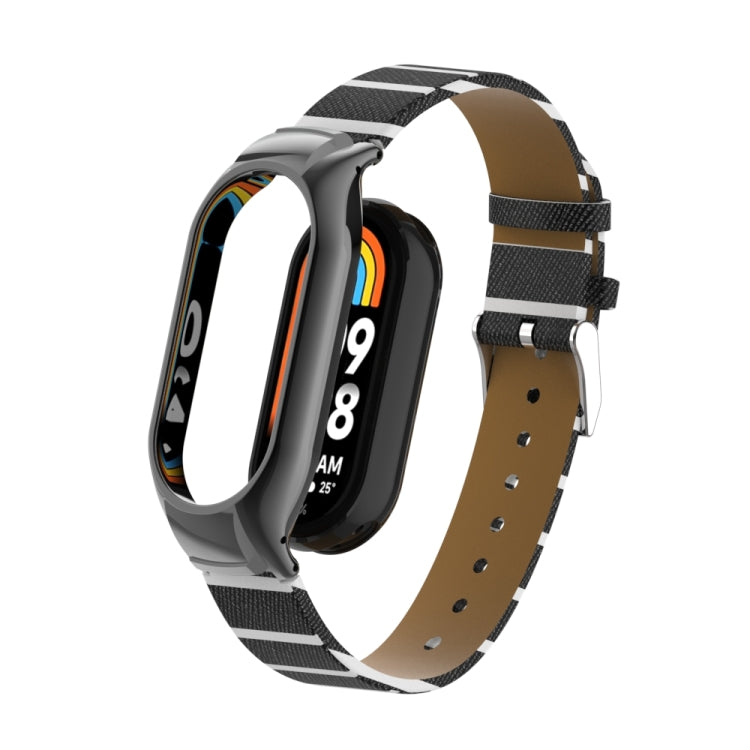 For Xiaomi Mi Band 8 Integrated Metal Case + Secondary Color Leather Watch Band(Black)