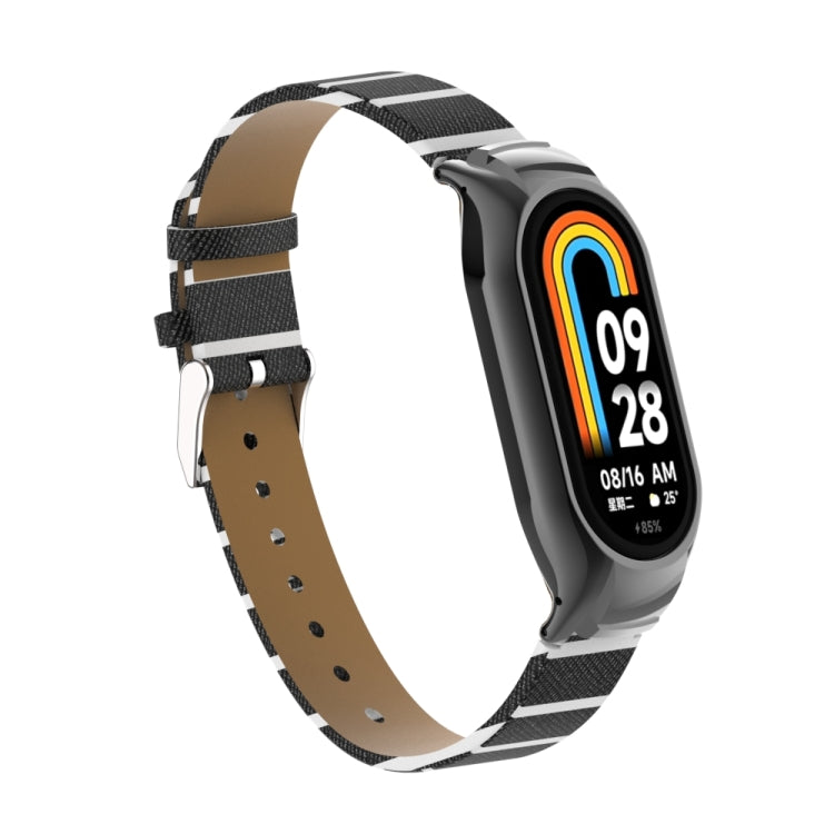 For Xiaomi Mi Band 8 Integrated Metal Case + Secondary Color Leather Watch Band(Black)