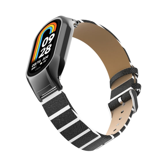 For Xiaomi Mi Band 8 Integrated Metal Case + Secondary Color Leather Watch Band(Black)