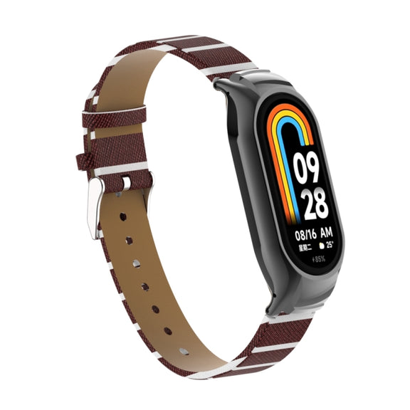 For Xiaomi Mi Band 8 Integrated Metal Case + Secondary Color Leather Watch Band(Coffee)