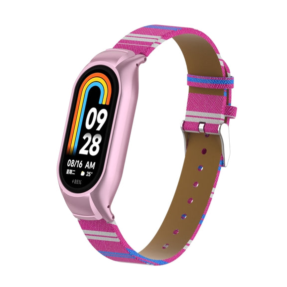 For Xiaomi Mi Band 8 Integrated Metal Case + Secondary Color Leather Watch Band(Pink)