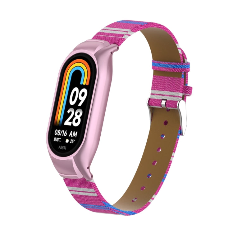 For Xiaomi Mi Band 8 Integrated Metal Case + Secondary Color Leather Watch Band(Pink)
