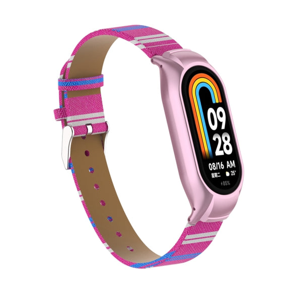 For Xiaomi Mi Band 8 Integrated Metal Case + Secondary Color Leather Watch Band(Pink)