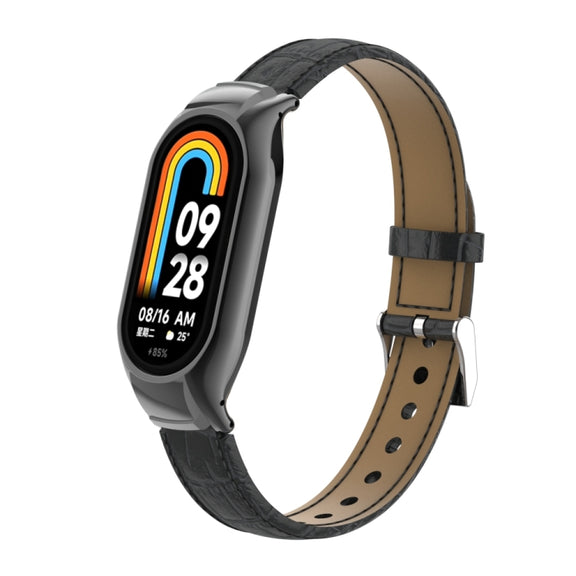 For Xiaomi Mi Band 8 Integrated Metal Case + Cocodile Texture Leather Watch Band(Black)