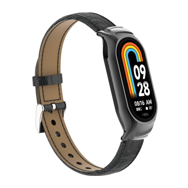 For Xiaomi Mi Band 8 Integrated Metal Case + Cocodile Texture Leather Watch Band(Black)