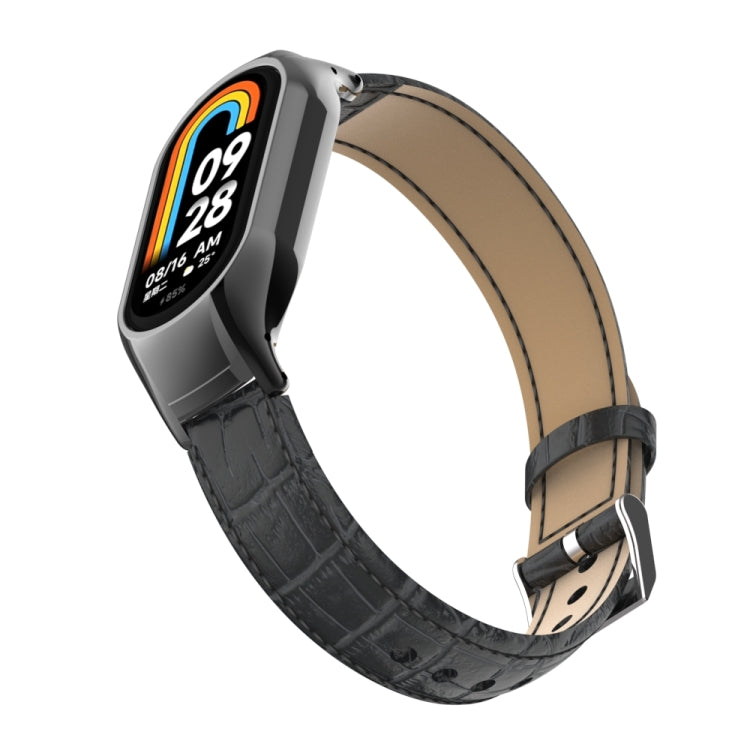 For Xiaomi Mi Band 8 Integrated Metal Case + Cocodile Texture Leather Watch Band(Black)