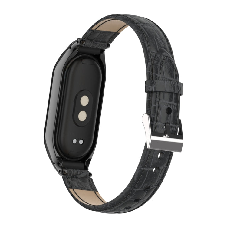 For Xiaomi Mi Band 8 Integrated Metal Case + Cocodile Texture Leather Watch Band(Black)