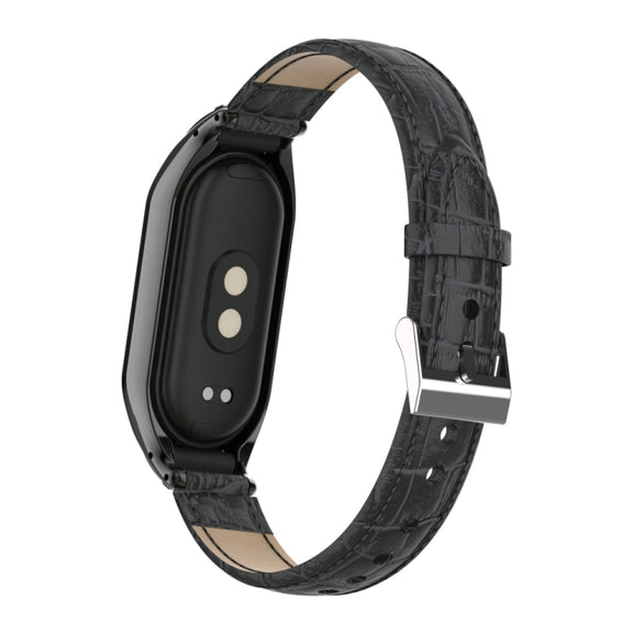 For Xiaomi Mi Band 8 Integrated Metal Case + Cocodile Texture Leather Watch Band(Black)