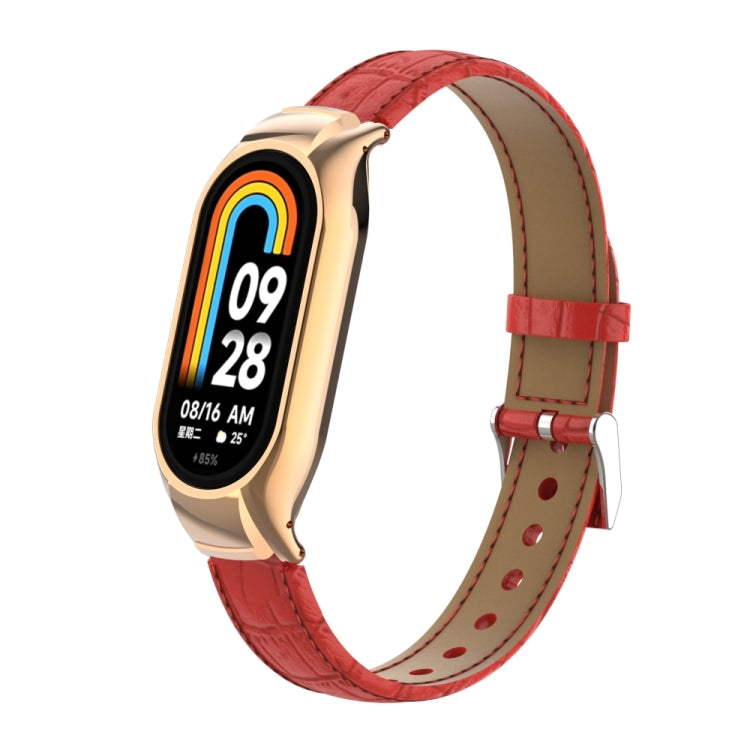 For Xiaomi Mi Band 8 Integrated Metal Case + Cocodile Texture Leather Watch Band(Red)
