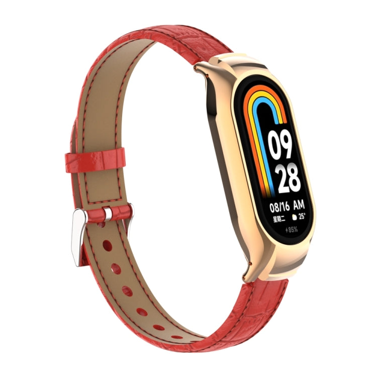 For Xiaomi Mi Band 8 Integrated Metal Case + Cocodile Texture Leather Watch Band(Red)