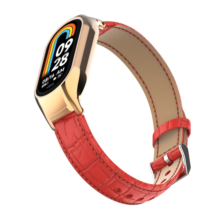 For Xiaomi Mi Band 8 Integrated Metal Case + Cocodile Texture Leather Watch Band(Red)