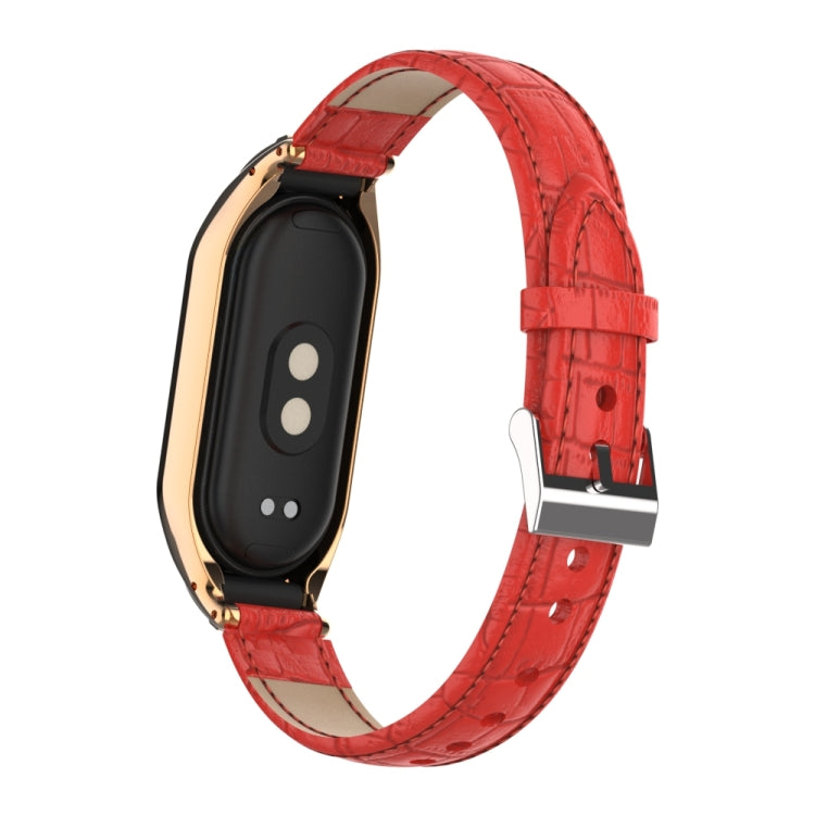 For Xiaomi Mi Band 8 Integrated Metal Case + Cocodile Texture Leather Watch Band(Red)