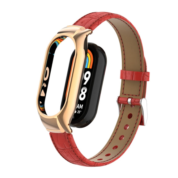 For Xiaomi Mi Band 8 Integrated Metal Case + Cocodile Texture Leather Watch Band(Red)