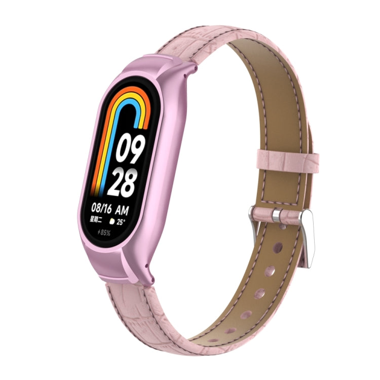 For Xiaomi Mi Band 8 Integrated Metal Case + Cocodile Texture Leather Watch Band(Pink)