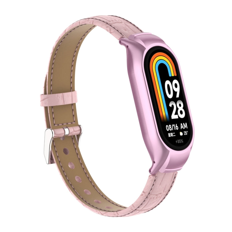 For Xiaomi Mi Band 8 Integrated Metal Case + Cocodile Texture Leather Watch Band(Pink)