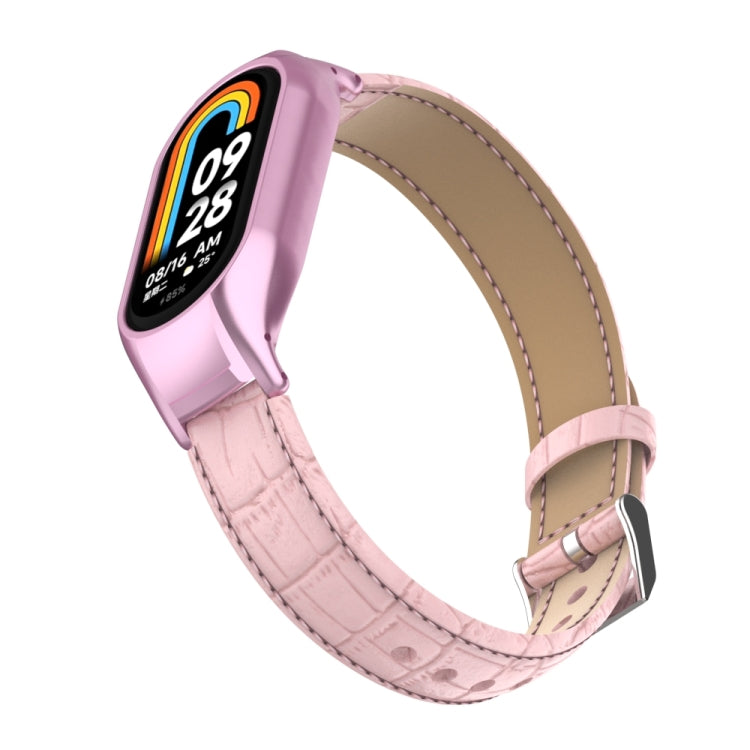 For Xiaomi Mi Band 8 Integrated Metal Case + Cocodile Texture Leather Watch Band(Pink)