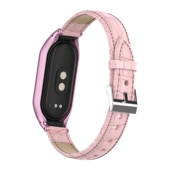 For Xiaomi Mi Band 8 Integrated Metal Case + Cocodile Texture Leather Watch Band(Pink)