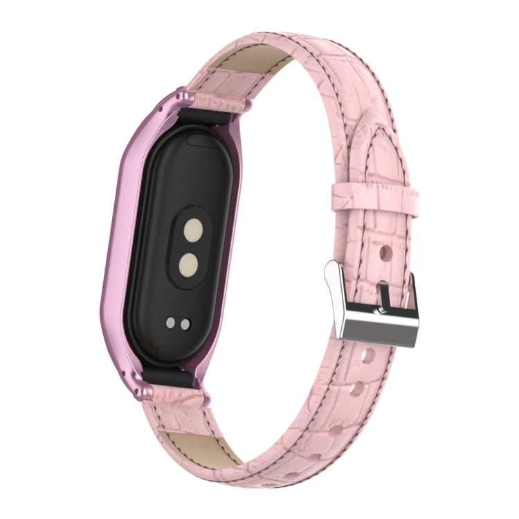 For Xiaomi Mi Band 8 Integrated Metal Case + Cocodile Texture Leather Watch Band(Pink)