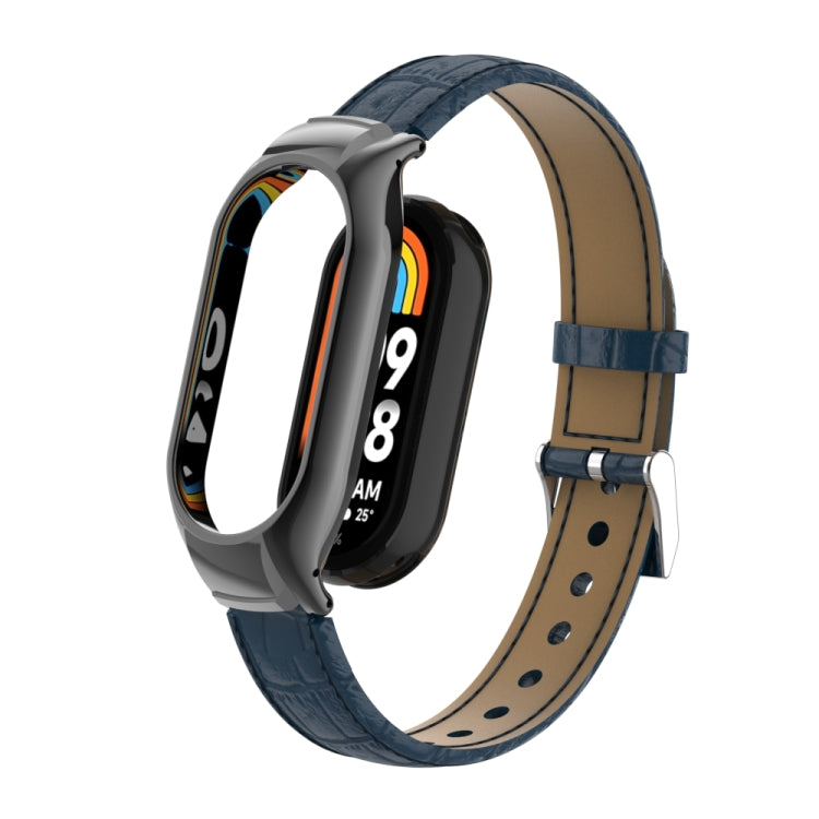 For Xiaomi Mi Band 8 Integrated Metal Case + Cocodile Texture Leather Watch Band(Blue)