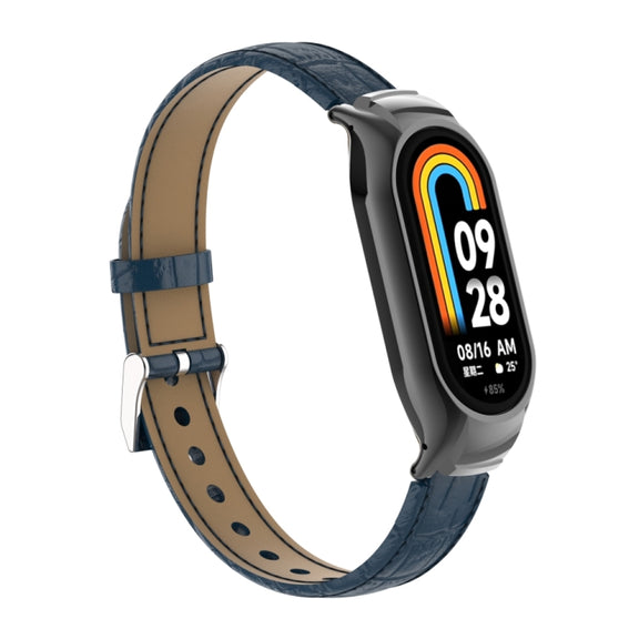For Xiaomi Mi Band 8 Integrated Metal Case + Cocodile Texture Leather Watch Band(Blue)