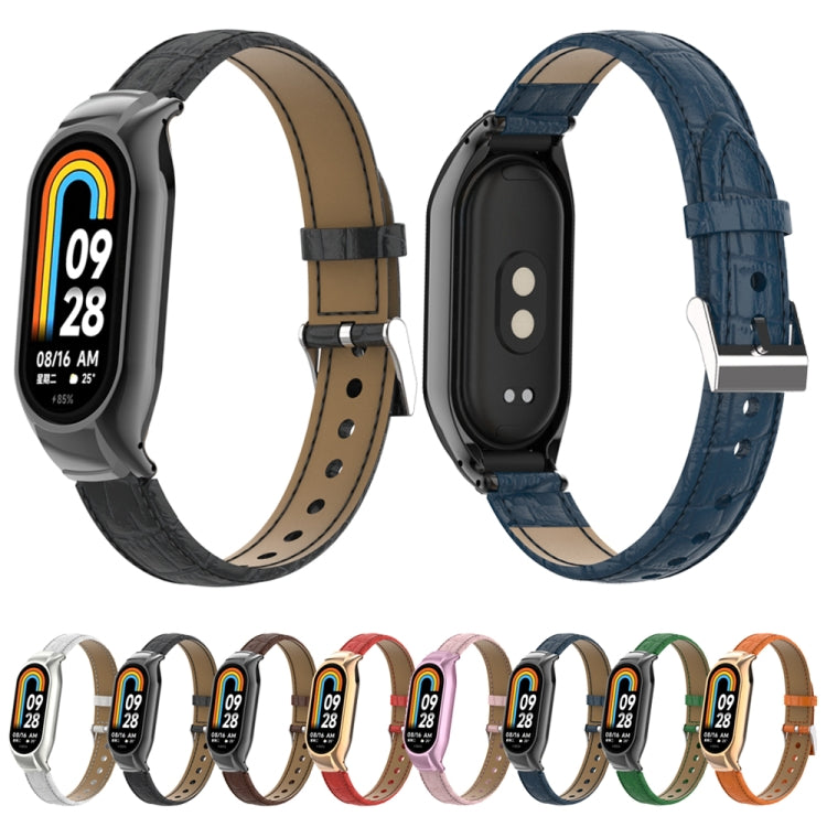 For Xiaomi Mi Band 8 Integrated Metal Case + Cocodile Texture Leather Watch Band(Black)