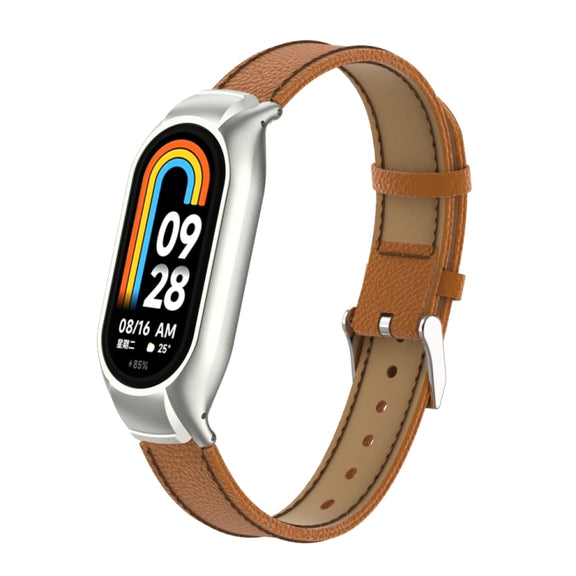 For Xiaomi Mi Band 8 Integrated Metal Case + Litchi Texture Leather Watch Band(Brown)