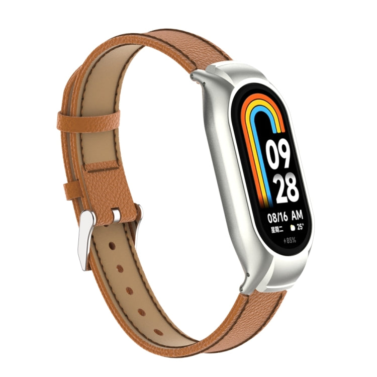 For Xiaomi Mi Band 8 Integrated Metal Case + Litchi Texture Leather Watch Band(Brown)