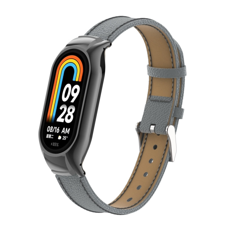 For Xiaomi Mi Band 8 Integrated Metal Case + Litchi Texture Leather Watch Band(Grey)