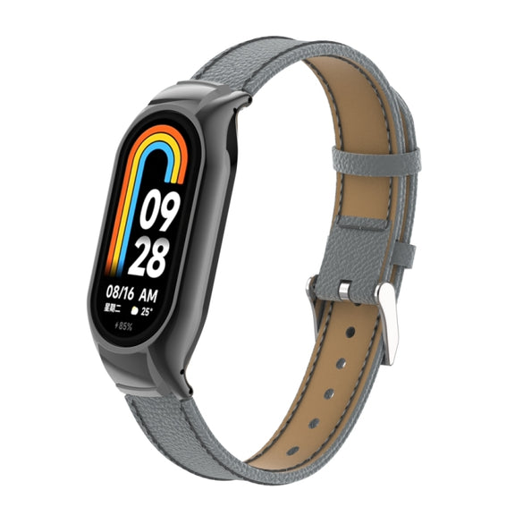For Xiaomi Mi Band 8 Integrated Metal Case + Litchi Texture Leather Watch Band(Grey)