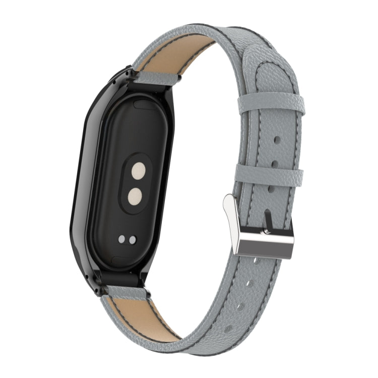 For Xiaomi Mi Band 8 Integrated Metal Case + Litchi Texture Leather Watch Band(Grey)