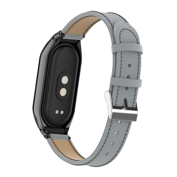 For Xiaomi Mi Band 8 Integrated Metal Case + Litchi Texture Leather Watch Band(Grey)