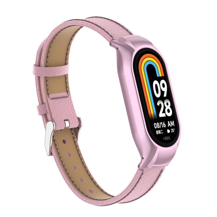 For Xiaomi Mi Band 8 Integrated Metal Case + Litchi Texture Leather Watch Band(Pink)