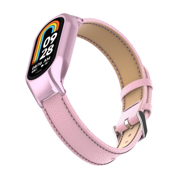 For Xiaomi Mi Band 8 Integrated Metal Case + Litchi Texture Leather Watch Band(Pink)