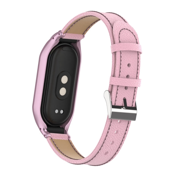 For Xiaomi Mi Band 8 Integrated Metal Case + Litchi Texture Leather Watch Band(Pink)